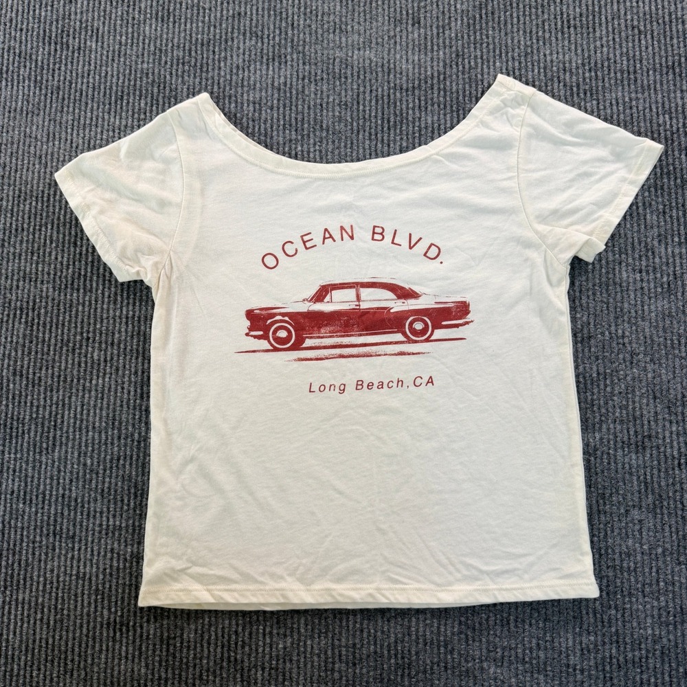 Womens Ocean Blvd Long Beach Graphic T Shirt M Cream Scoop Neck Cotton Blend Car